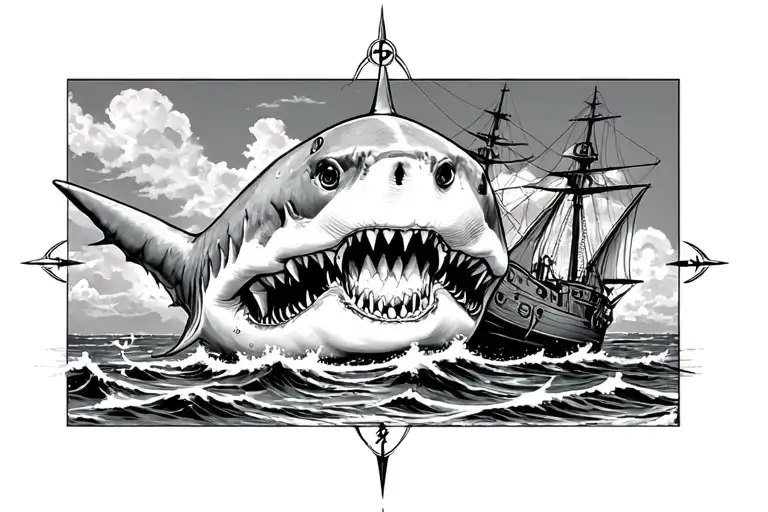 front facing Shark compass and sunken ship  tattoo design idea