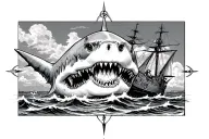 front facing Shark compass and sunken ship  tattoo design idea