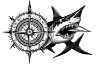 front facing Shark compass and sunken ship  tattoo design idea