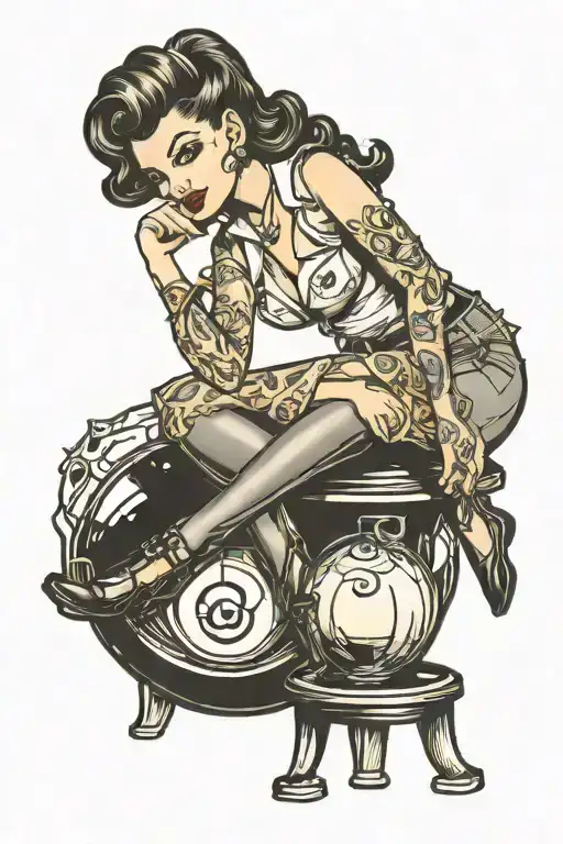 rockabilly pinup girl sitting on eight ball tattoo design idea