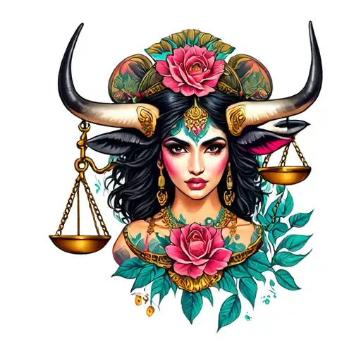 libra scales and feminine taurus bull tattoo design idea
