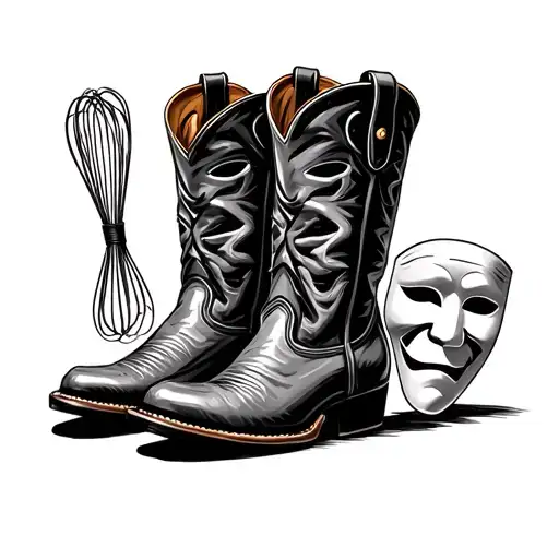 cowboy boot with whisk in it, theater masks next to it tattoo design idea