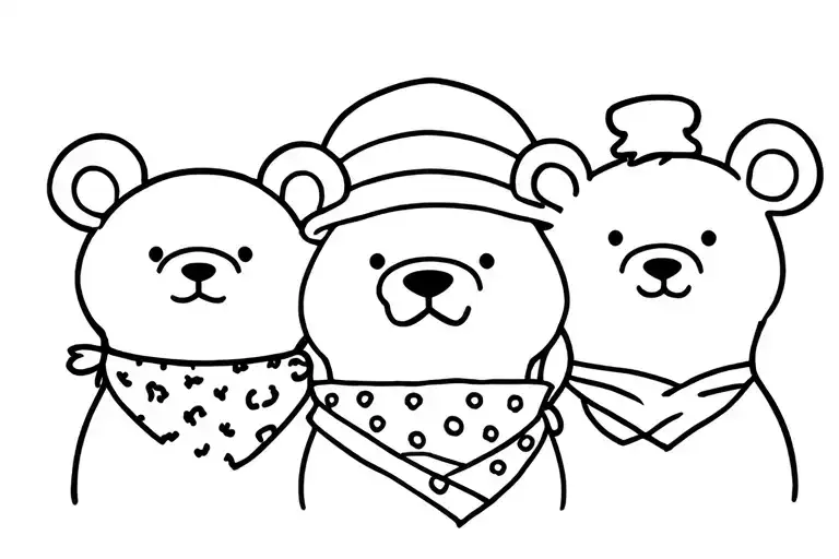  3 bears face looking one with a little bowlerhat middle one with a bandana on the neck and det last one fiminin cartoon tattoo design idea