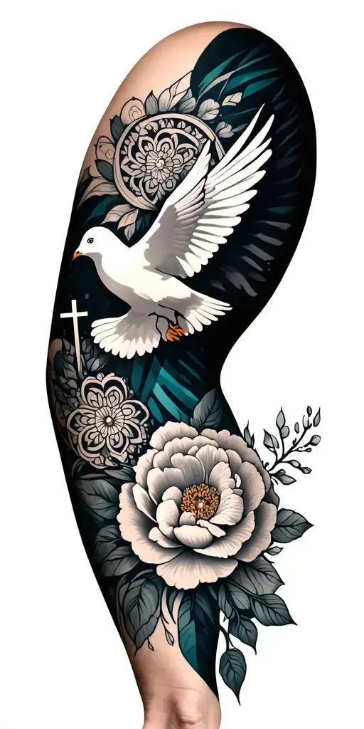 full womens arm tattoo with mandala design with dove, peonies, cross and geometric tattoo design idea