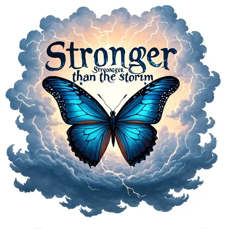 "Stronger than the storm" "Stronger than the storm" "Stronger than the storm" "Stronger than the storm" butterfly emerging from storm clouds forming the shape lightening tattoo design idea