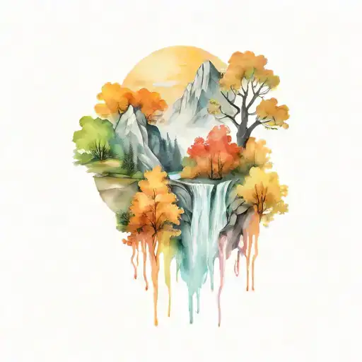 big mountains with fall color trees and waterfalls flowing tattoo design idea