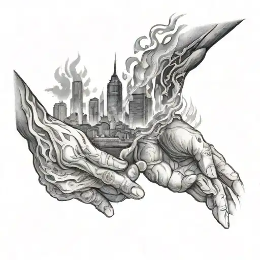 a family of 4 humans walking hands in hands towards a burning city tattoo design idea