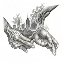 a family of 4 humans walking hands in hands towards a burning city tattoo design idea
