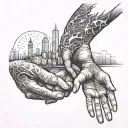 a family of 4 humans walking hands in hands towards a burning city tattoo design idea