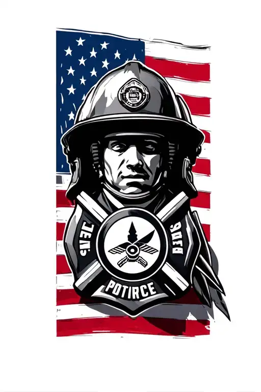 air force logo, firefighter badge and helmet, american flag backdrop tattoo design idea