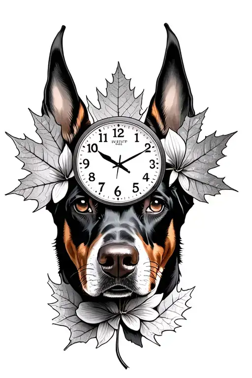 masculan plants/flowers, doberman eyes a maple leaf with stems, BC mountains clock with the time 3:12:26 tattoo design idea