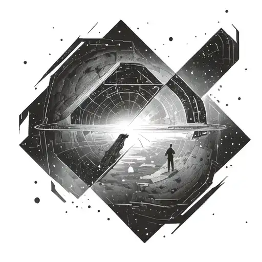 A dotwork illustration of the iconic Tesseract scene from Interstellar film, with a black and grey color scheme to create a mysterious atmosphere tattoo design idea