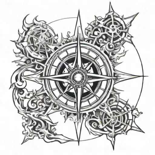 Create a design for a compass rose tattoo inspired by the work of Hans Ruedi Giger. tattoo design idea