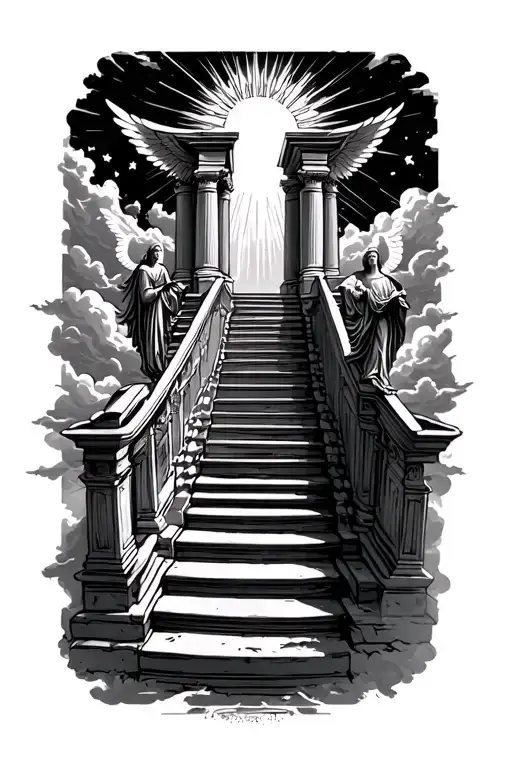 stairway to heaven walking up stairs angels sun rays clouds heaven gate at the top of the stairs  tattoo design idea