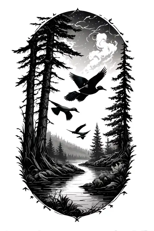 forest and steam with ducks flying tattoo design idea