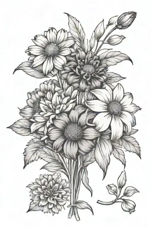 flower bouquet marigold, cosmos, narcissus, daisy, aster tattoo design idea