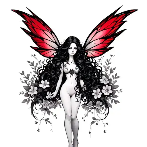 elegant goth mystical fairy with long black wavy hair, crimson wings and intertwined in tiny flowers tattoo design idea
