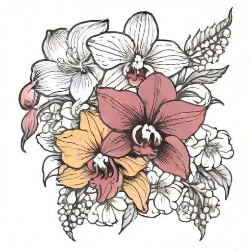 orchid, poppy, gladiolus, daisy, sweet pea flower tattoo design idea