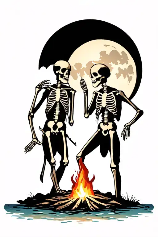 skeletons dancing on a beach around campfire with full moon tattoo design idea