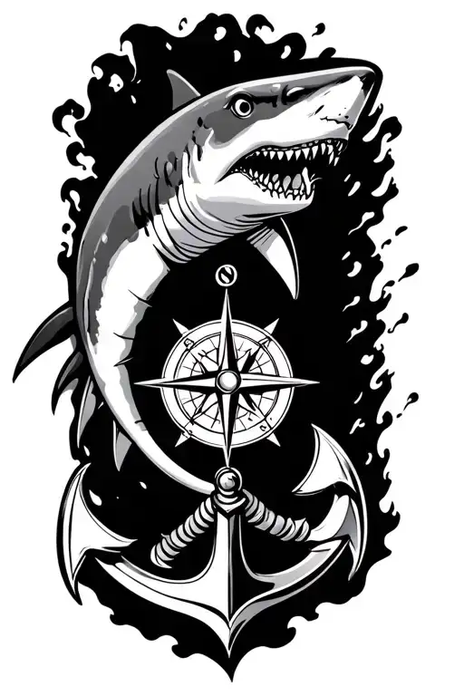 boat anchor and compass shark emerging victoriously from the ashes tattoo design idea