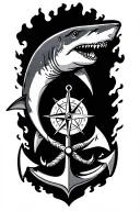 boat anchor and compass shark emerging victoriously from the ashes tattoo design idea