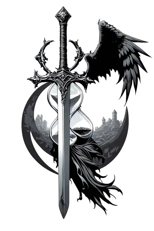 evil Angel of death moon hourglass sword tattoo design idea