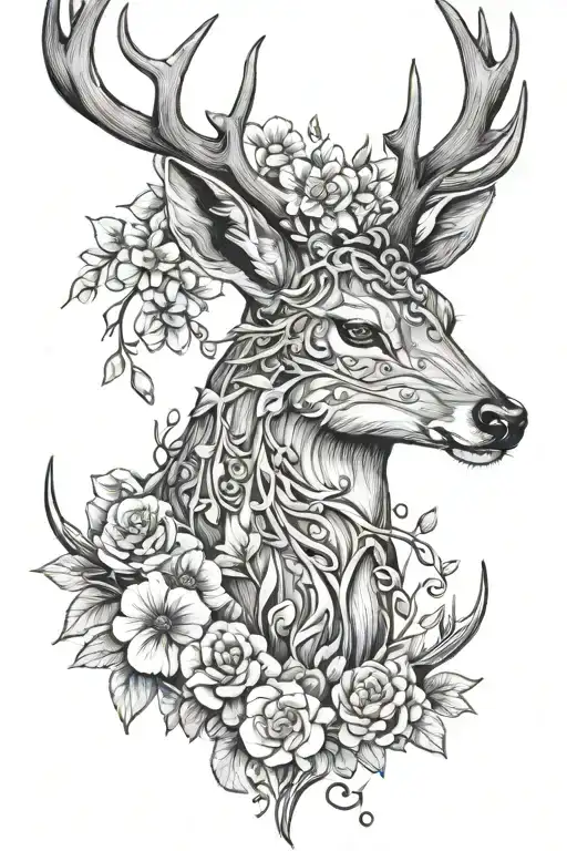 Deer head with vine of flowers under 2 little birds on each side of vine and butterlys flying in back for a four arm tat tattoo design idea