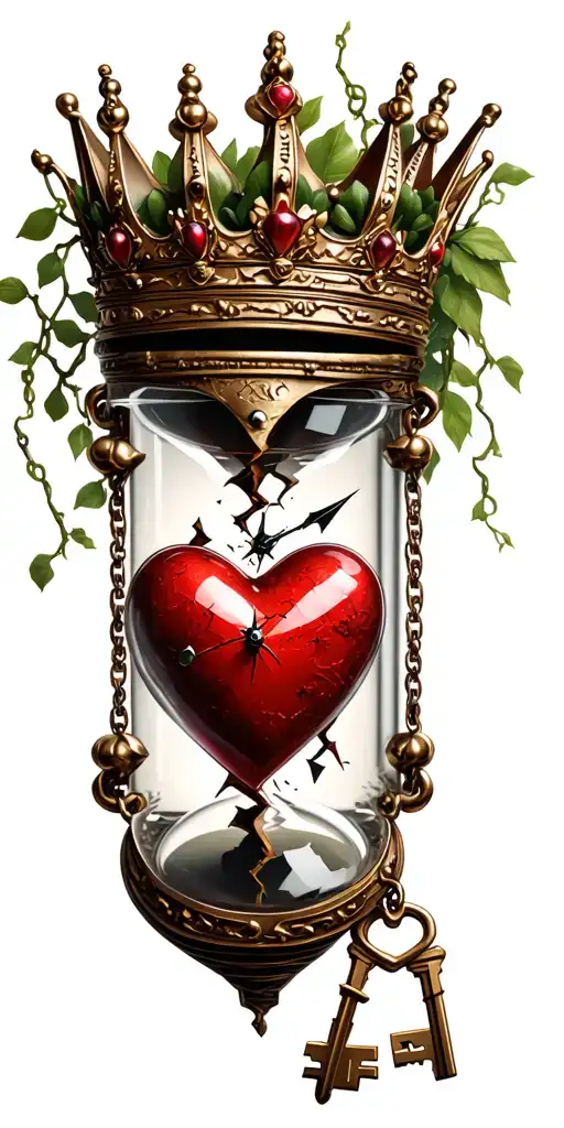 queen crown lioness vines broken hour glass heart locket with two keys tattoo design idea