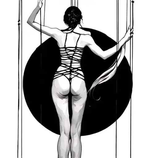 bound woman suspended on back marionette strings tattoo design idea