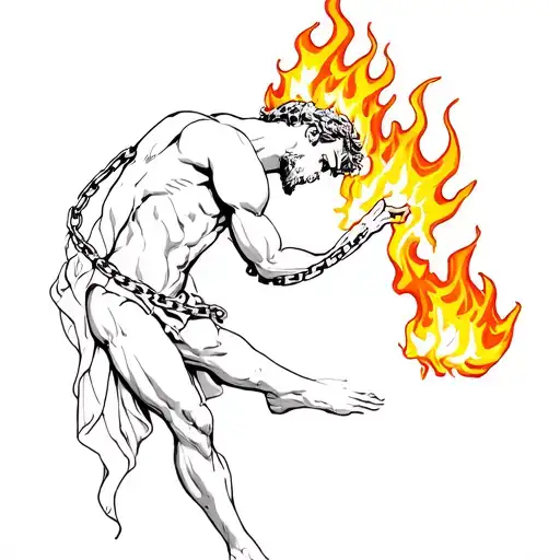 Prometheus in chains with flames licking at him, minimalist sketchbook tattoo style, fine linework + subtle shading. tattoo design idea