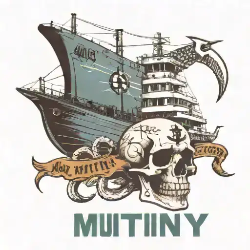 Container ship with a crane behind and a skull and anchor with the text Mutiny tattoo design idea