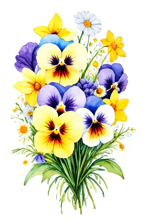 flower bouquet with pansies and daffodils and daisies tattoo design idea