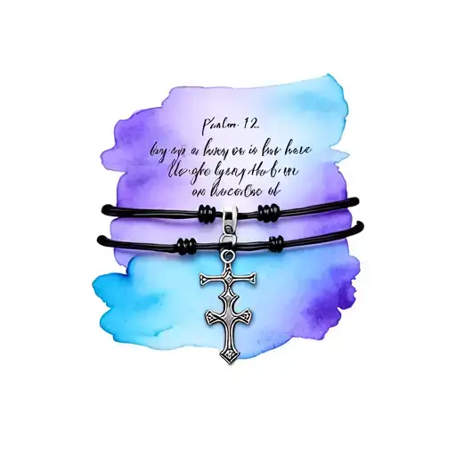 Double ankle bracelet with psalm 18:2 in cursive and an anchor-shaped cross charm, accented by soft blue and purple tattoo design idea