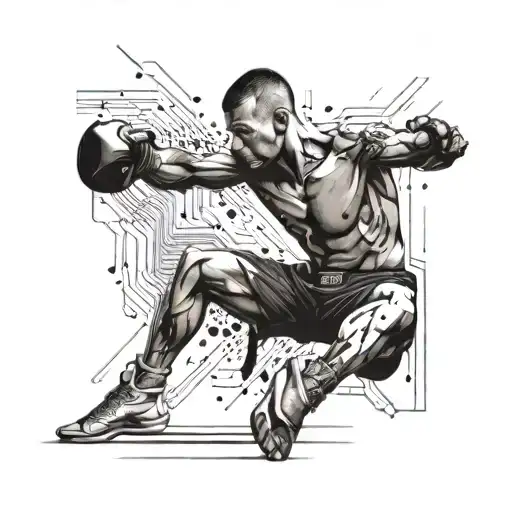 Design a tattoo of a kick boxer in a powerful stance surrounded by lines of code tattoo design idea