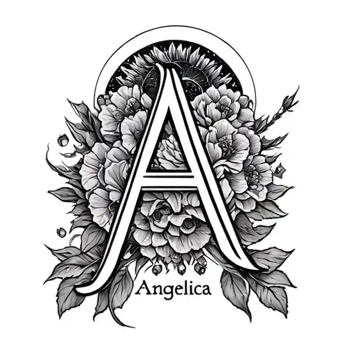 Angelica name tattoo with halo ontop of letter A blackwork tattoo tattoo design idea