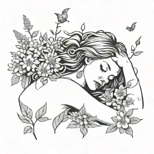 A surreal scene of a feral housewife taking a nap in a field of colorful flowers, showcasing the beauty of self-care and relaxation tattoo design idea