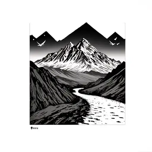 mountain range, small path. the wanderer, peter pan flying tattoo design idea