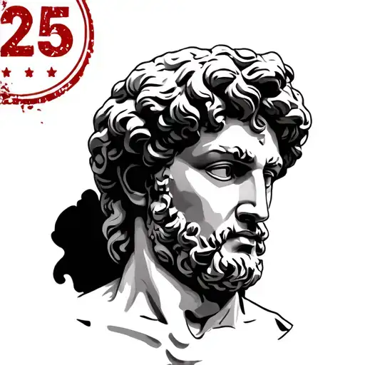 line drawing of the bust of David statue but as a stamp with "25" in the top corner.  tattoo design idea