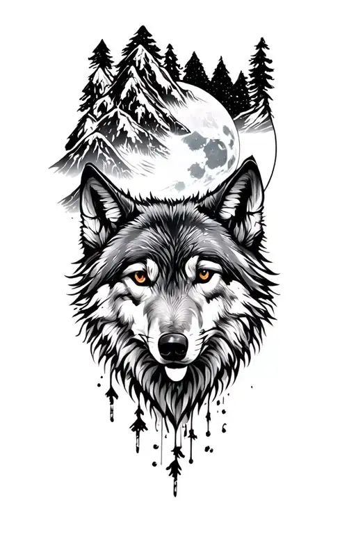 wolf, moon, mountaint, snow tattoo design idea