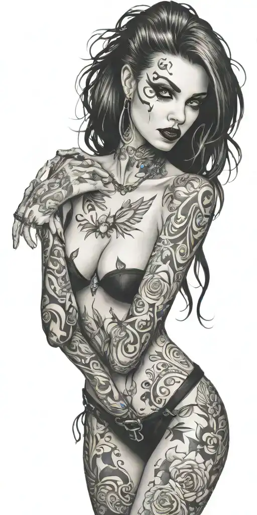 darkly alluring full nude goth girl rocking out tattoo design idea