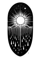 A sun flowing into a universe that turns into a waterfall with rain drops at the bottom tattoo design idea