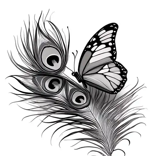 butterfly with peacock feather and flute tattoo design idea