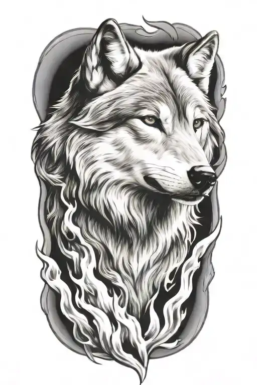 wolf fire flames left arm tattoo design idea