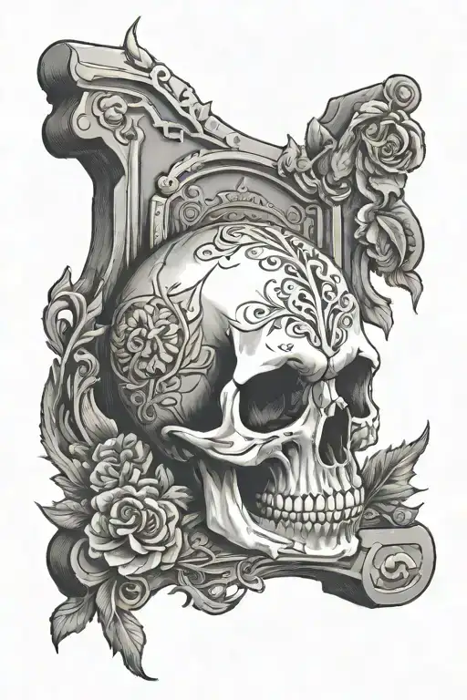 Skull biting into a gravestone engraved with name tattoo design idea