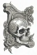 Skull biting into a gravestone engraved with name tattoo design idea