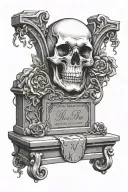 Skull biting into a gravestone engraved with name tattoo design idea