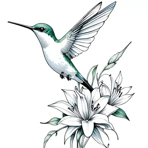 hummingbird with lily in the valley flowers intertwined tattoo design idea