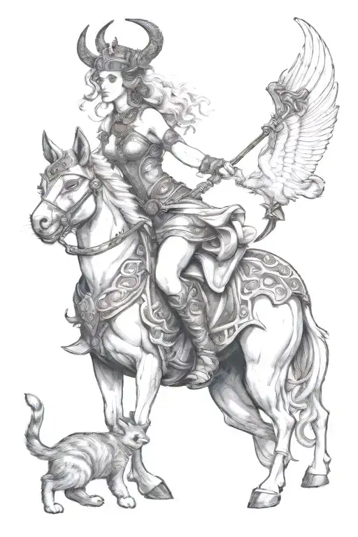 goddess freya pulled by cat chariot getting pulled tattoo design idea