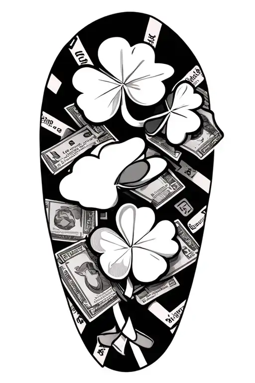 black and white lucky clover and duck sleeve with sports cards in the background  tattoo design idea