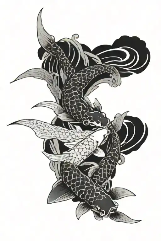 Japanese tattoo design of two koi fish with a dragon coming out from above tattoo design idea